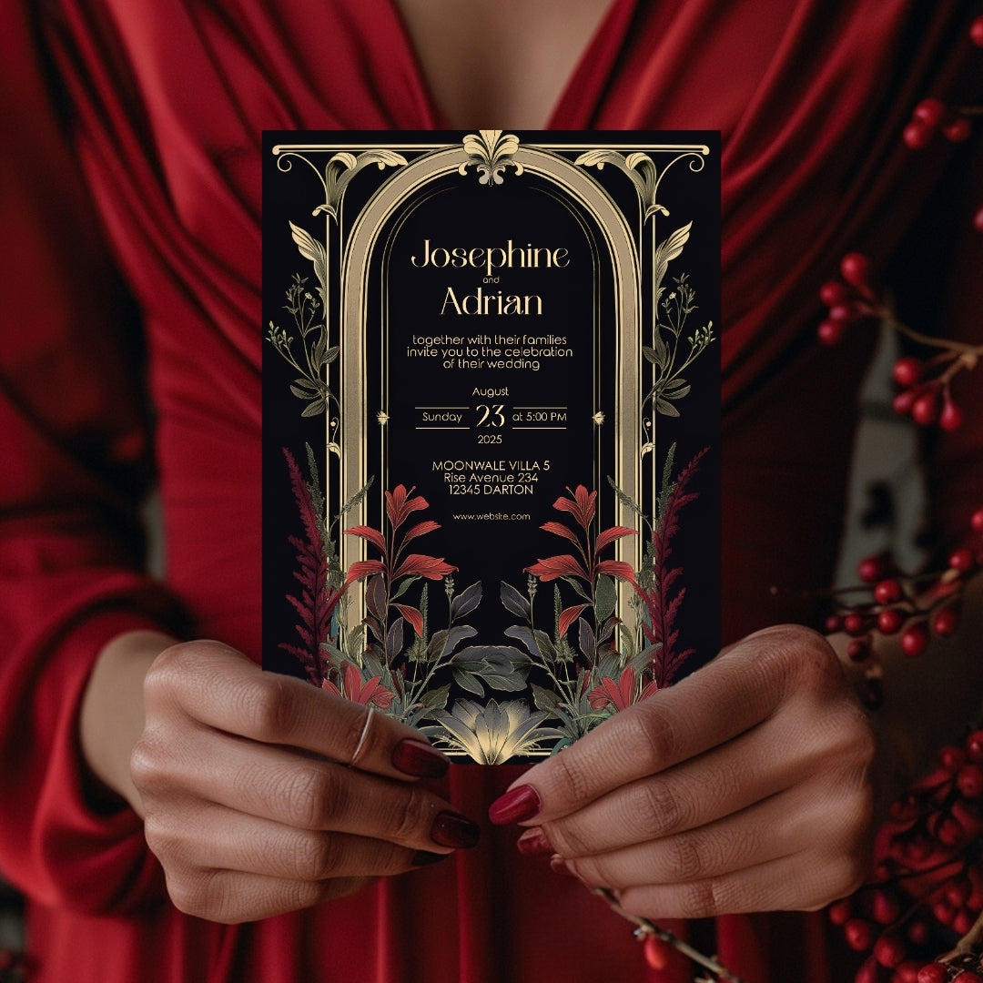 Red Floral Dark Academia Gothic Wedding Invitation