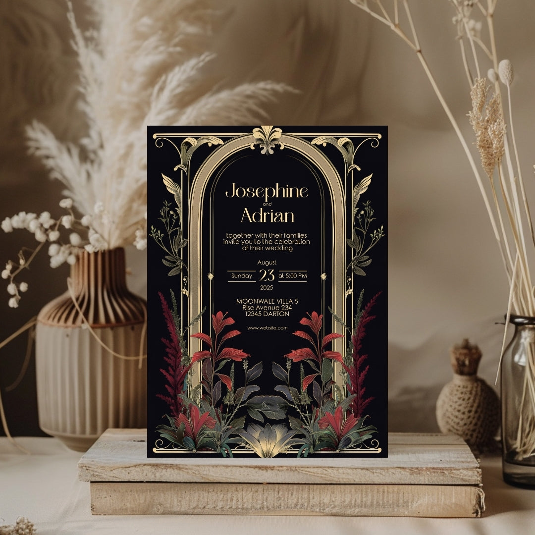 Red Floral Dark Academia Gothic Wedding Invitation