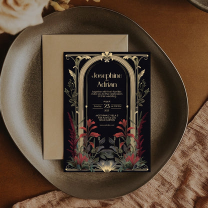 Red Floral Dark Academia Gothic Wedding Invitation