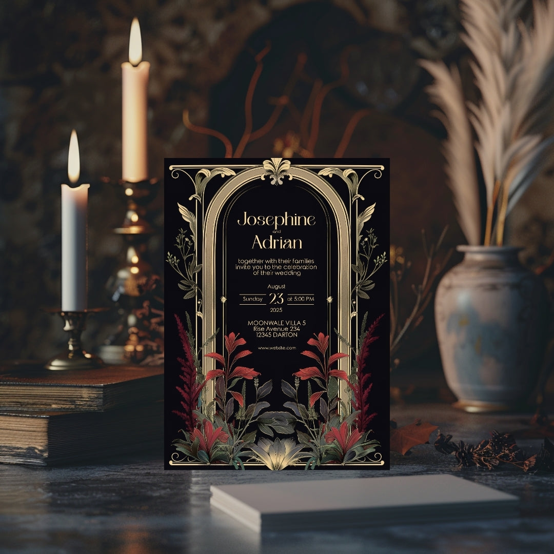 Red Floral Dark Academia Gothic Wedding Invitation