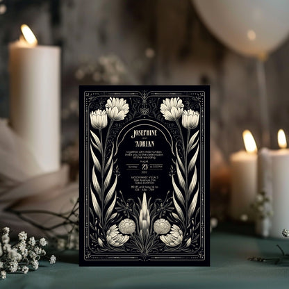 A Gothic floral invitation is placed next to glowing candles, enhancing the romantic, moody atmosphere. The invitation is surrounded by dark greenery, adding to the mystical vibe. The names and event details are centered.