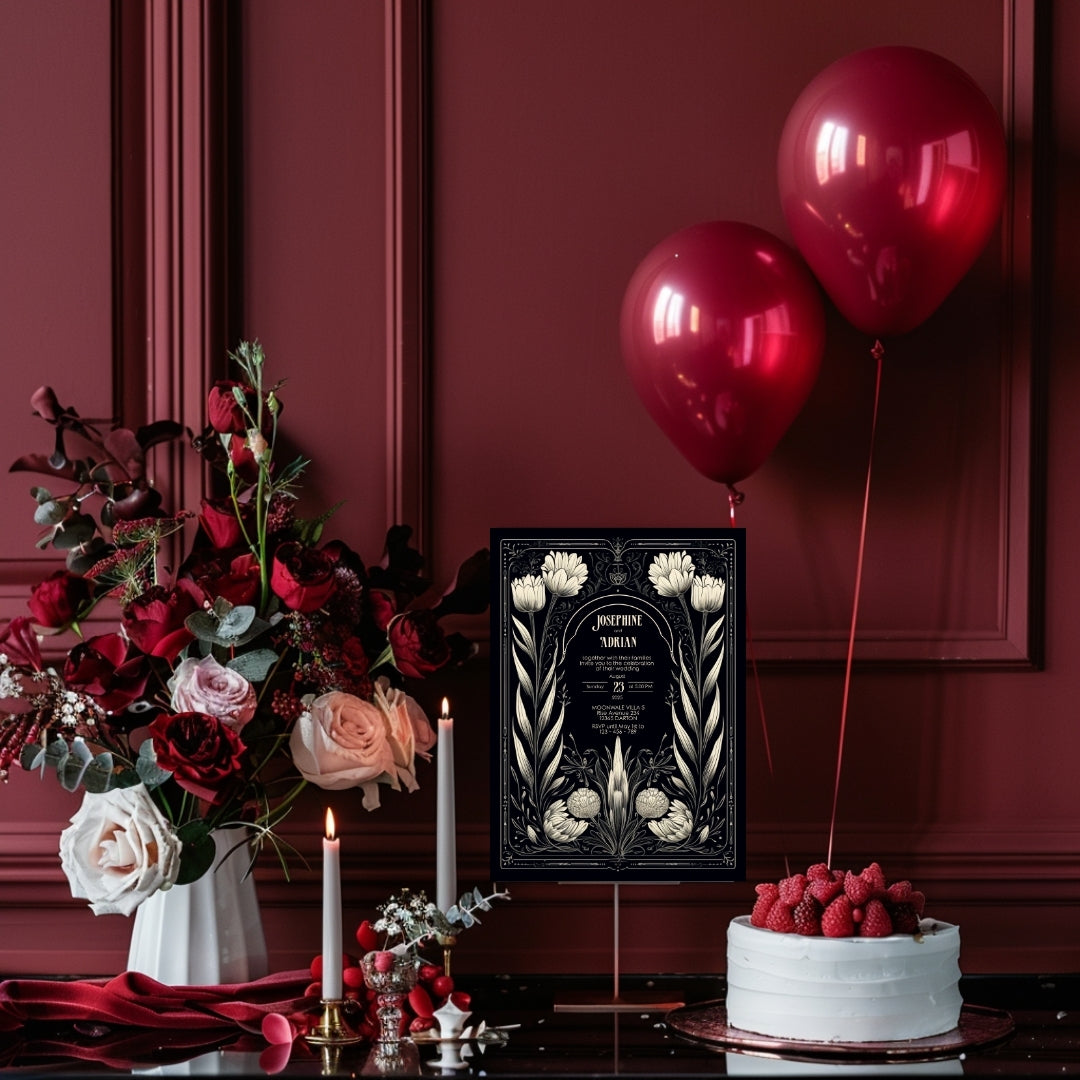 A Gothic floral invitation is displayed on a table with dark balloons and glowing candles, creating a mysterious, elegant setting. The decor gives a festive yet romantic feel. The names and event details are centered.