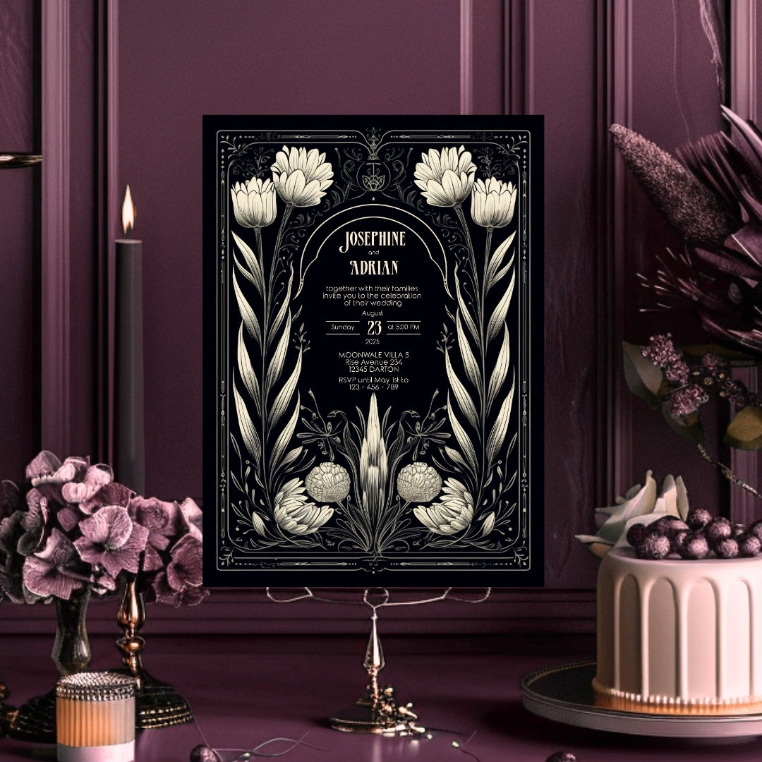 A Gothic-themed invitation featuring intricate white floral designs on a dark background, placed against a rich berry backdrop. The invitation's design is framed by symmetrical floral arrangements, creating a vintage, elegant feel. The card is surrounded by floral decor and a dark, minimalist cake, adding a romantic and moody atmosphere. The names and event details are centered, with the bold, dark tones of the invitation contrasting against the vibrant setting.