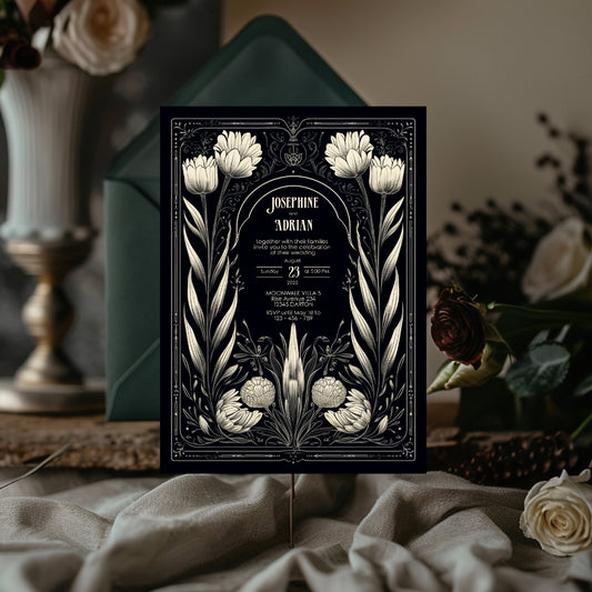 A Gothic invitation with elegant white floral designs displayed on a soft, flowing fabric in a romantic, dimly lit setting. A rose is visible in the background, enhancing the dark, vintage mood. The names and event details are centered on the invitation.