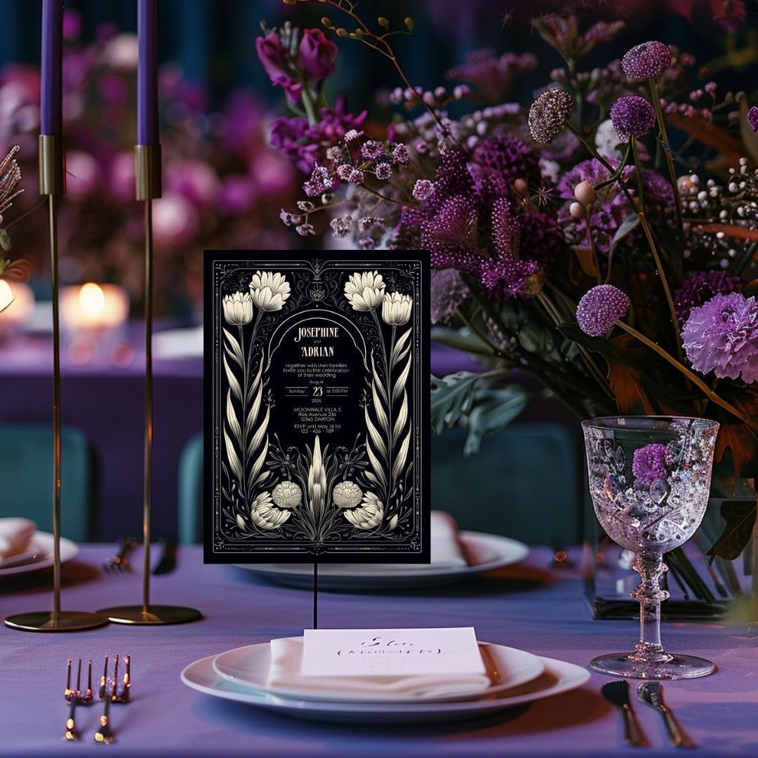 A Gothic-themed invitation is displayed on a dinner table with moody lighting and deep, rich floral decor. The soft candlelight creates a romantic and elegant vibe. The names and event details are centered.