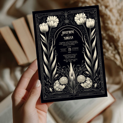  A hand holds a Gothic floral invitation with intricate white floral designs. The soft background and dim lighting add a romantic, vintage touch. The names and event details are centered.