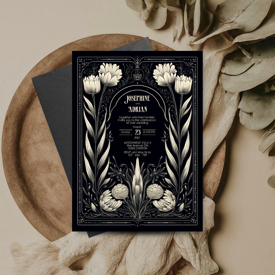 A Gothic-themed invitation with white floral illustrations set against a dark brown and earthy-toned background. The invitation is placed on a wooden surface with dried flowers and soft candlelight, creating a warm, rustic, and romantic atmosphere. The intricate floral design contrasts with the natural elements, giving the card a vintage and elegant feel. The names and event details are centered.