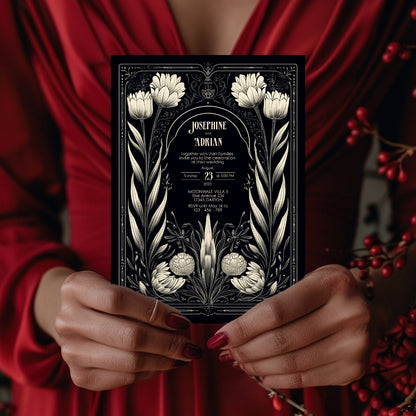 A person in a deep red outfit holds a Gothic-themed invitation. The dark, dramatic mood is enhanced by the floral design, and the warm lighting creates a romantic ambiance. The names and event details are centered.