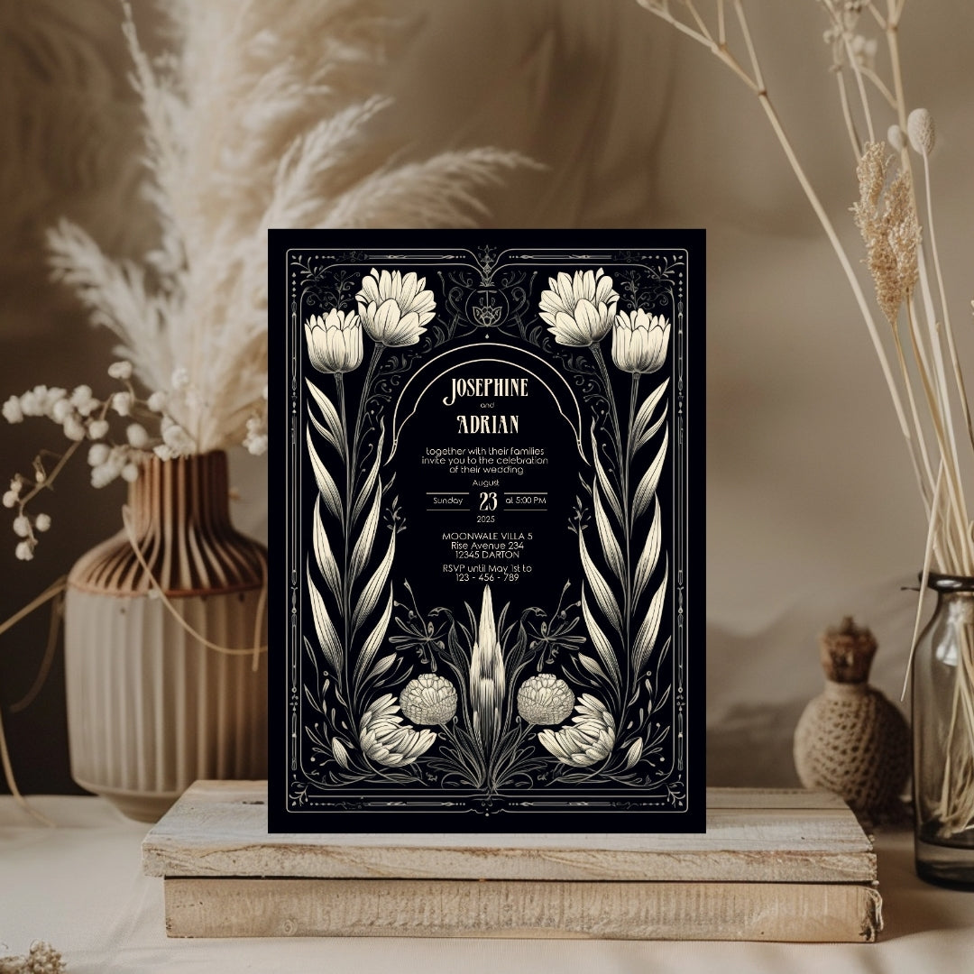 A Gothic invitation resting on a wooden surface with soft, warm lighting. The rich tones of the wood create a cozy, rustic atmosphere that contrasts with the dark, elegant design of the invitation. The names and event details are centered.