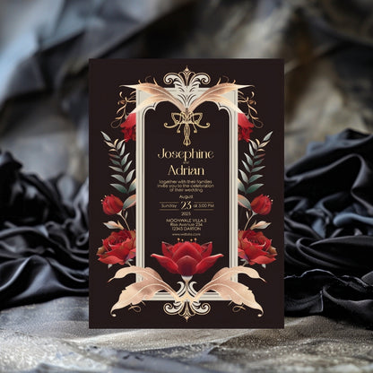 Red Roses Art Deco Gothic Wedding Invitation