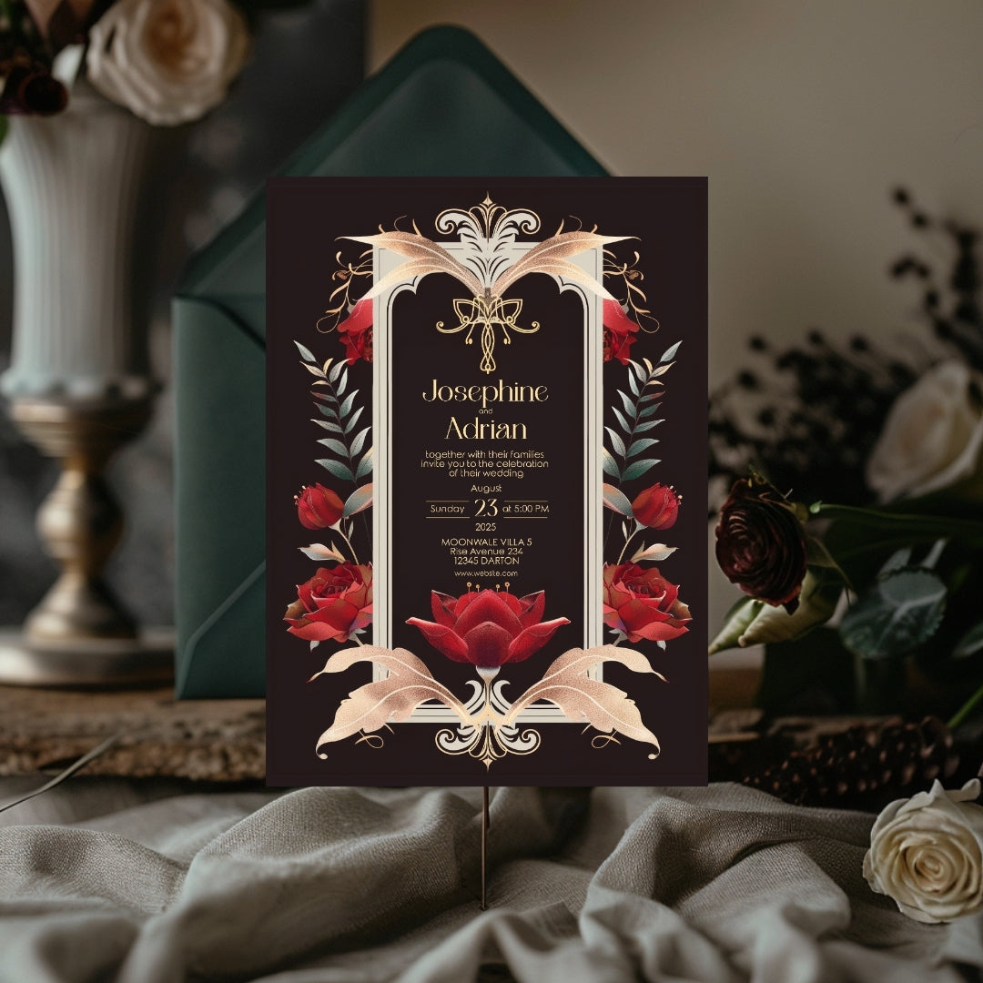 Red Roses Art Deco Gothic Wedding Invitation