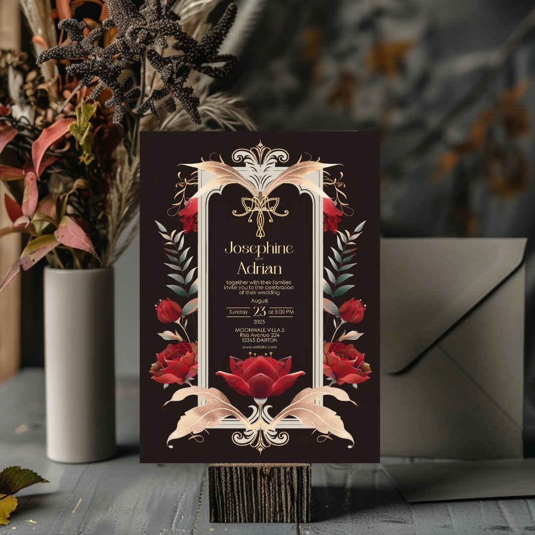 Red Roses Art Deco Gothic Wedding Invitation