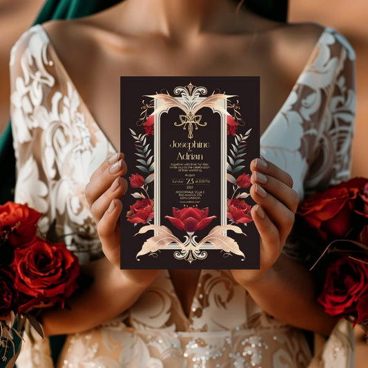 Red Roses Art Deco Gothic Wedding Invitation