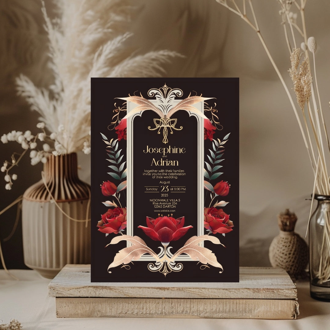 Red Roses Art Deco Gothic Wedding Invitation