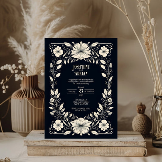 White Floral Gothic Frame Wedding Invitation