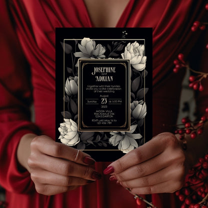 Dark Elegant Floral Wedding Invitation Set - 5x7 Invitation, 4x6 Details, 3.5.x5 RSVP