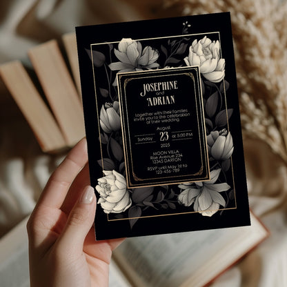 Dark Elegant Floral Wedding Invitation Set - 5x7 Invitation, 4x6 Details, 3.5.x5 RSVP