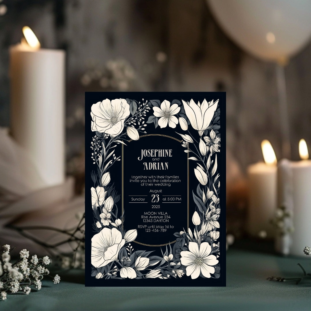 A Gothic invitation featuring white floral designs on a dark background, placed on a table with soft, moody lighting. The names and event details are centered on the invitation.