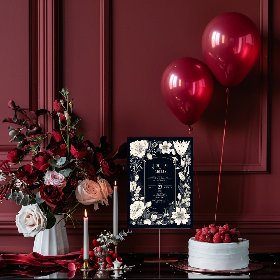 A Gothic invitation placed on a table surrounded by red balloons and candlelight, creating a festive and romantic atmosphere. The names and event details are centered.