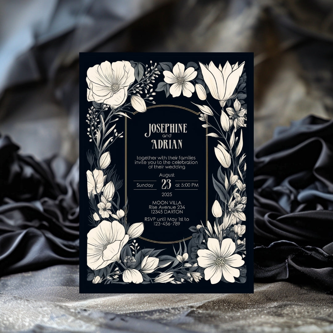 Dark Gothic White Floral Wedding Invitation Set - 5x7 Invitation, 4x6 Details, 3.5.x5 RSVP