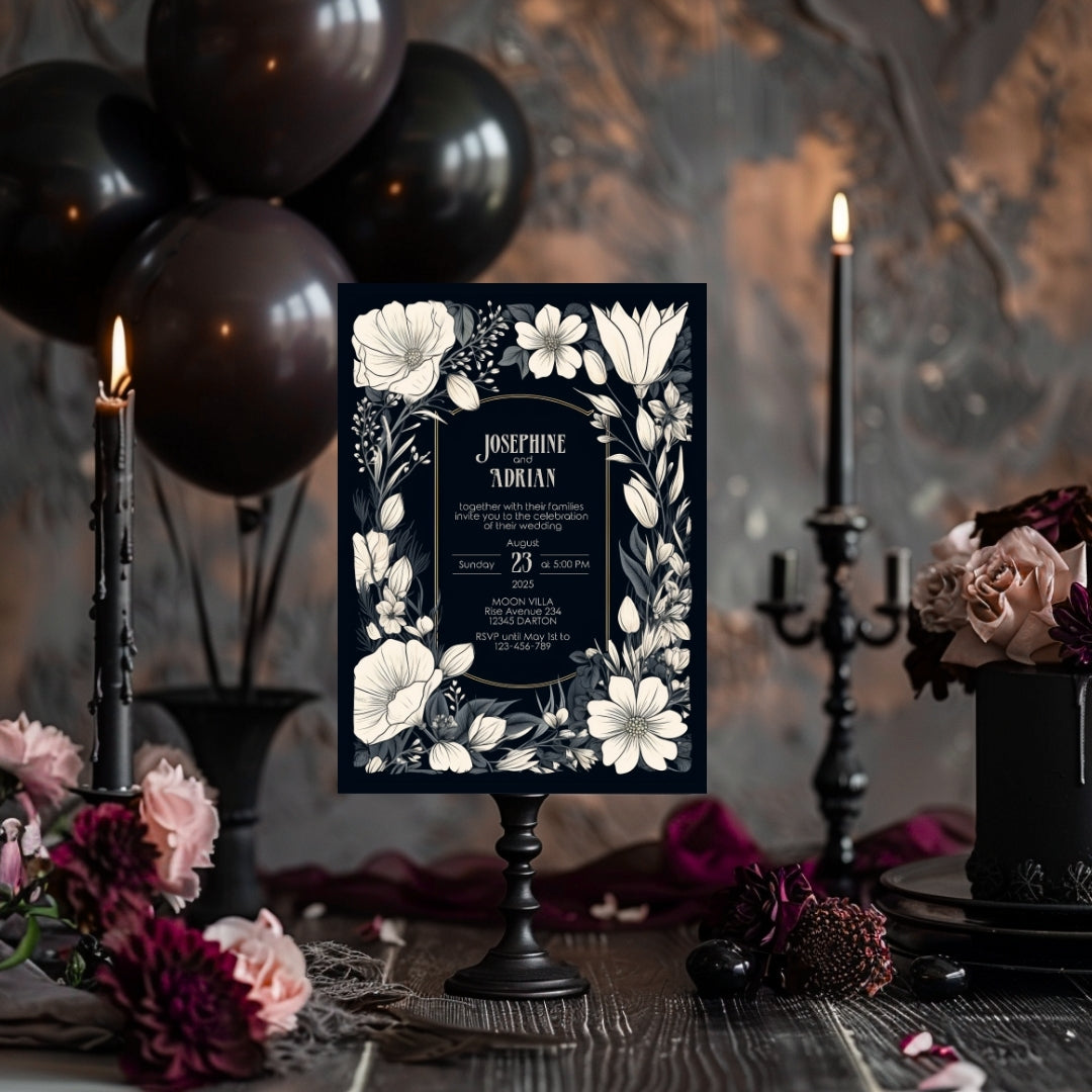 A Gothic invitation displayed on a table surrounded by dark floral decor, candles, and black balloons. The deep tones and moody lighting create a mysterious and romantic atmosphere. The names and event details are centered on the dark background with white floral designs.