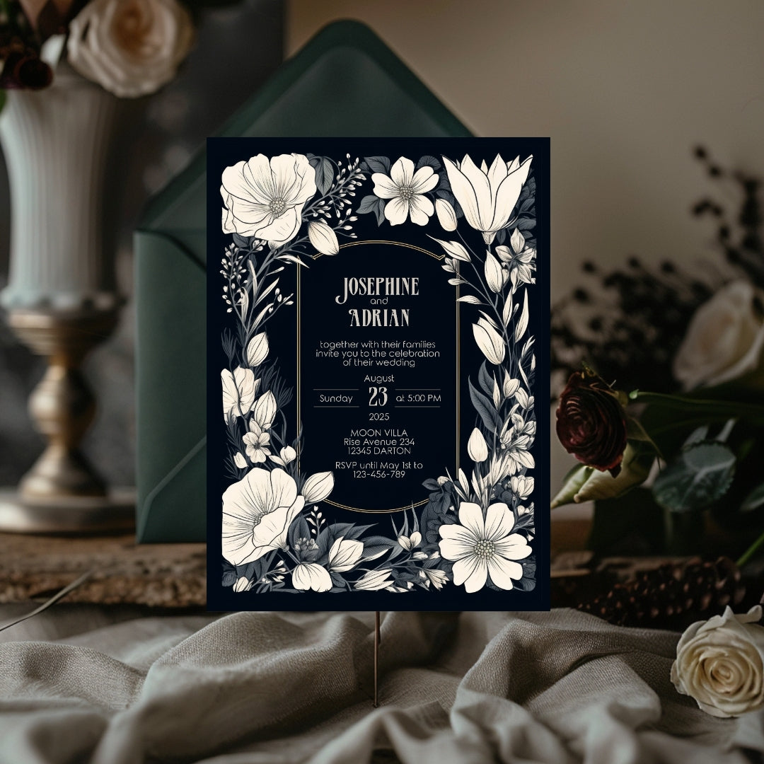 A Gothic invitation set against a neutral fabric backdrop, framed by dried flowers. The earthy tones and soft lighting enhance the romantic, vintage mood. The names and event details are centered.