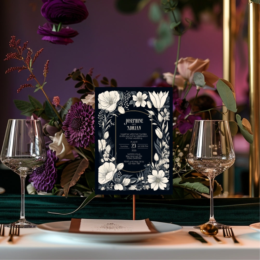 A Gothic invitation placed on an elegant dining table with golden cutlery, crystal glassware, and soft lighting, creating a luxurious and sophisticated setting. The names and event details are centered.