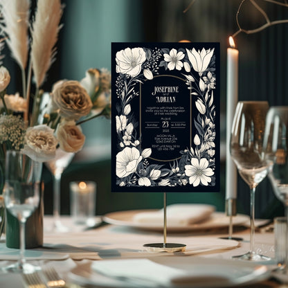 A Gothic invitation displayed on a beautifully set dining table with elegant glassware and candles. The surrounding decor creates a vintage and romantic atmosphere. The names and event details are centered.