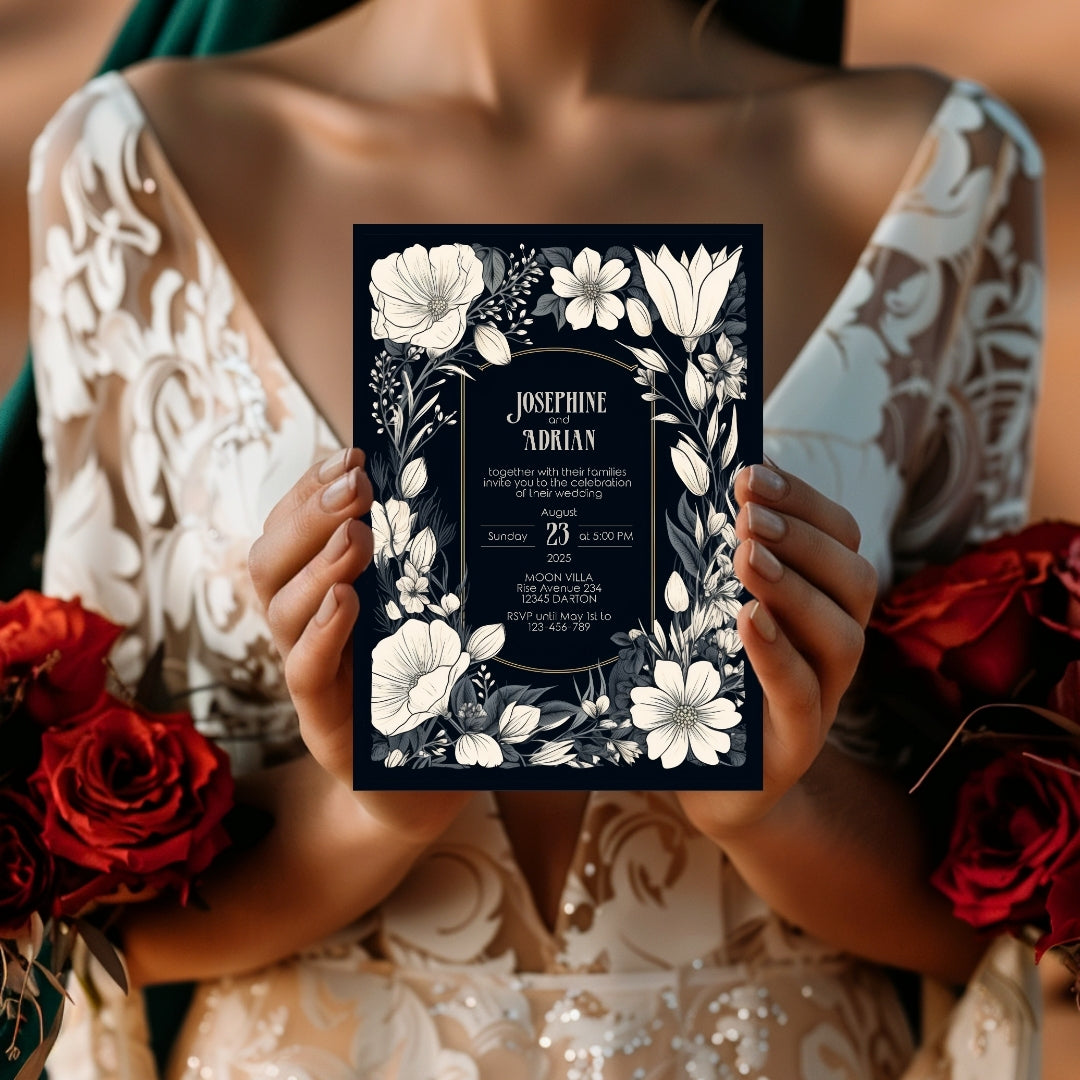 A person in an elegant white dress holds a Gothic-themed invitation with white floral accents. The warm, romantic atmosphere is complemented by a bouquet of red roses. The names and event details are centered.