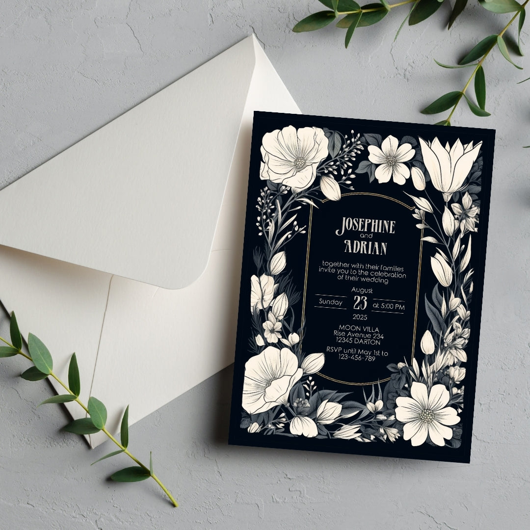 A Gothic invitation partially inserted into a white envelope, placed on a light-colored surface with a small sprig of greenery, creating a clean and minimalist presentation. The names and event details are centered.