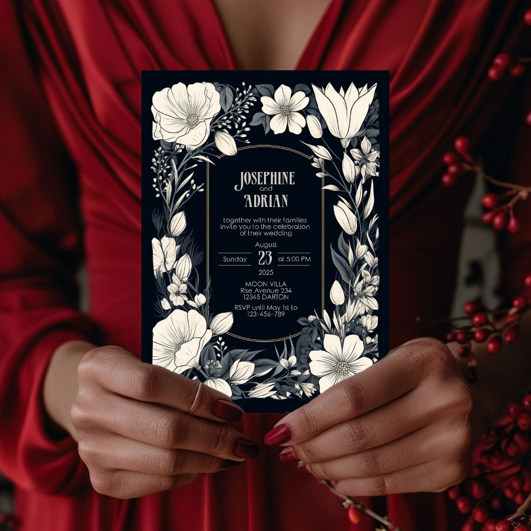 A person in a red outfit holds a Gothic-themed invitation with intricate white floral accents. The names and event details are centered on the dark background.