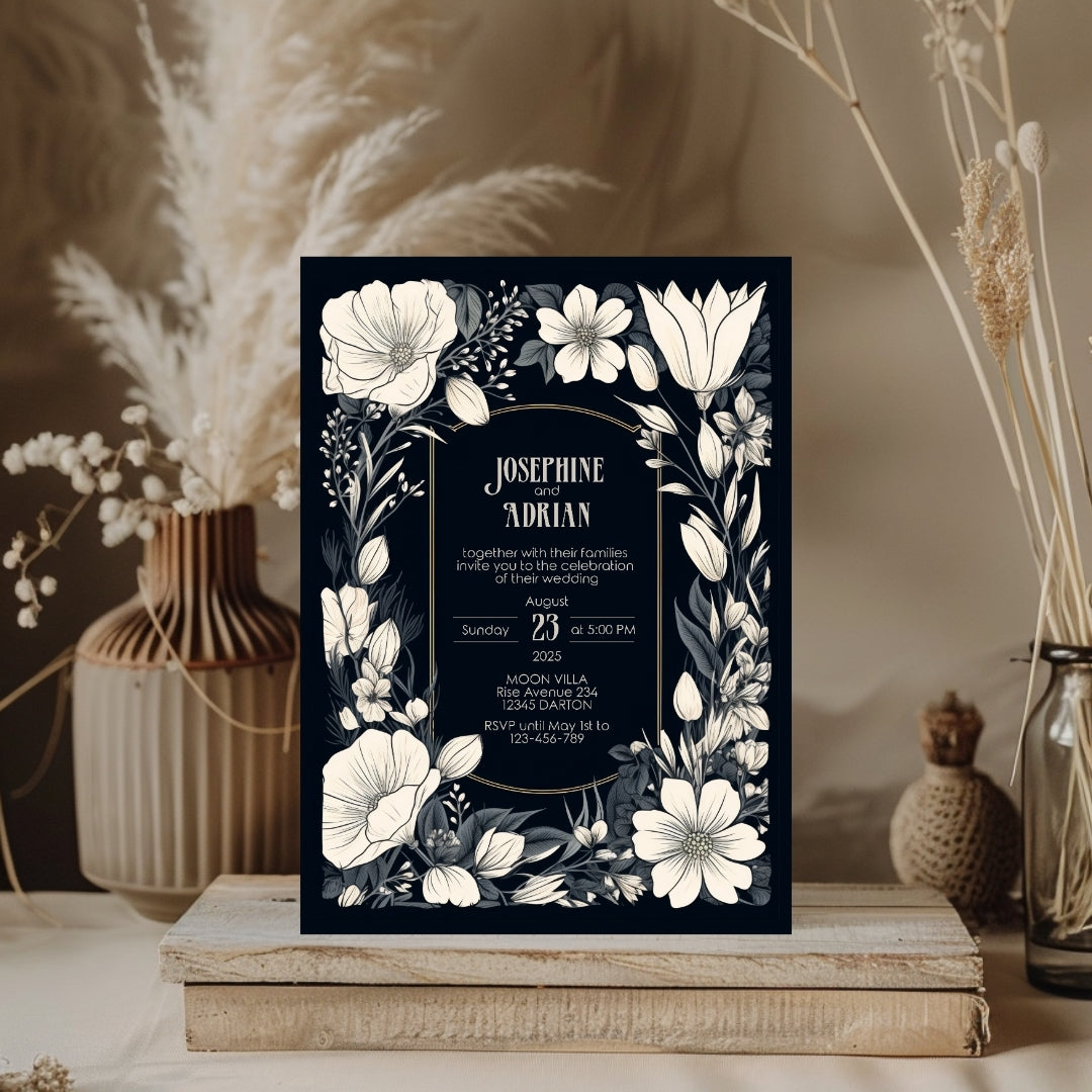 A Gothic invitation featuring white floral illustrations on a dark background, displayed on a textured beige fabric and surrounded by dried flowers. The earthy tones and delicate details create a rustic, vintage atmosphere. The names and event details are centered on the invitation.