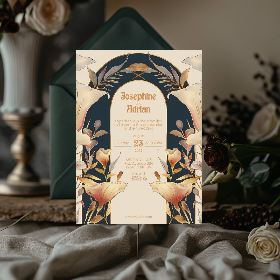 Vintage Floral Mushroom Art Deco Wedding Invitation