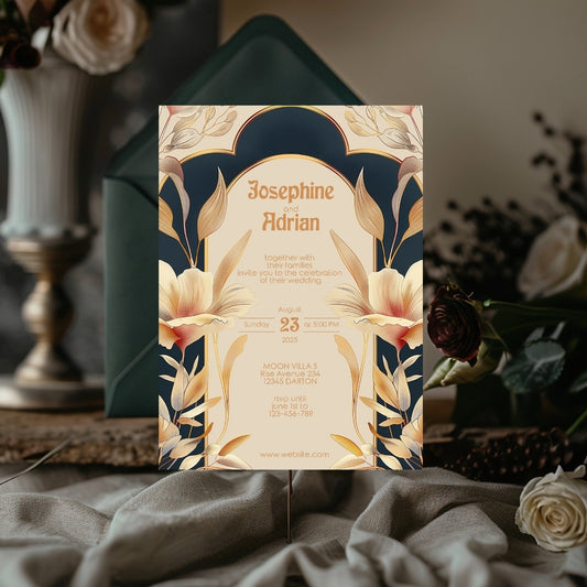 Beige Rustic Floral Art Deco Wedding Invitation