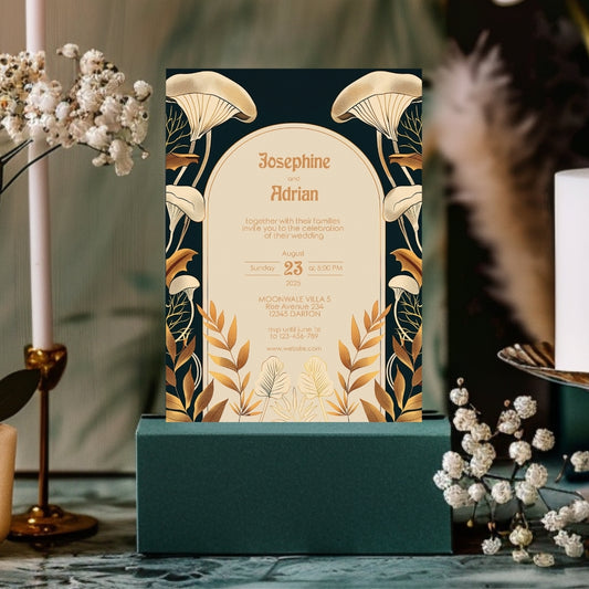 Dark Vintage Mushroom Art Deco Wedding Invitation