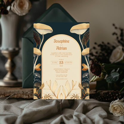 Dark Floral Mushroom Elegance Wedding Invitation