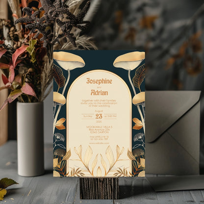 Dark Floral Mushroom Elegance Wedding Invitation