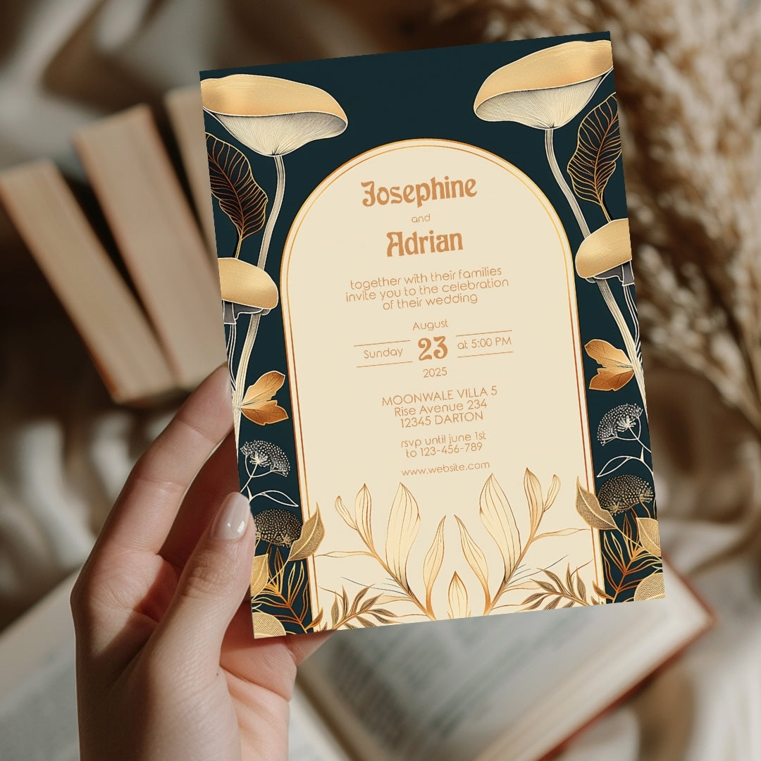 Dark Floral Mushroom Elegance Wedding Invitation