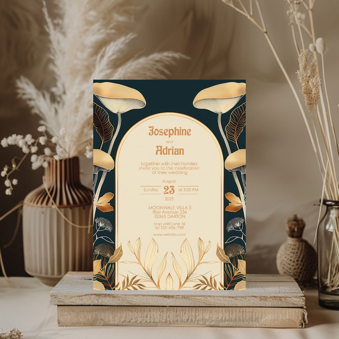 Dark Floral Mushroom Elegance Wedding Invitation