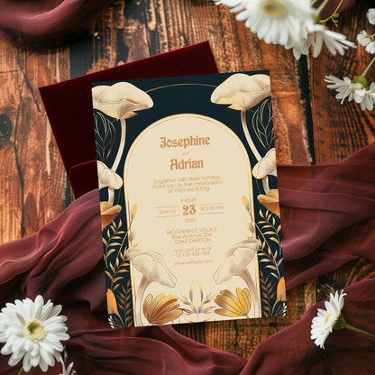 Vintage Mushroom Floral Art Deco Wedding Invitation