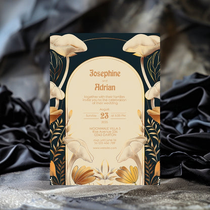 Vintage Mushroom Floral Art Deco Wedding Invitation