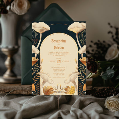 Vintage Mushroom Floral Art Deco Wedding Invitation