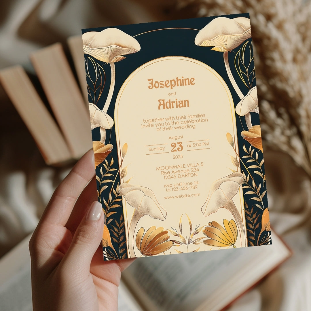 Vintage Mushroom Floral Art Deco Wedding Invitation