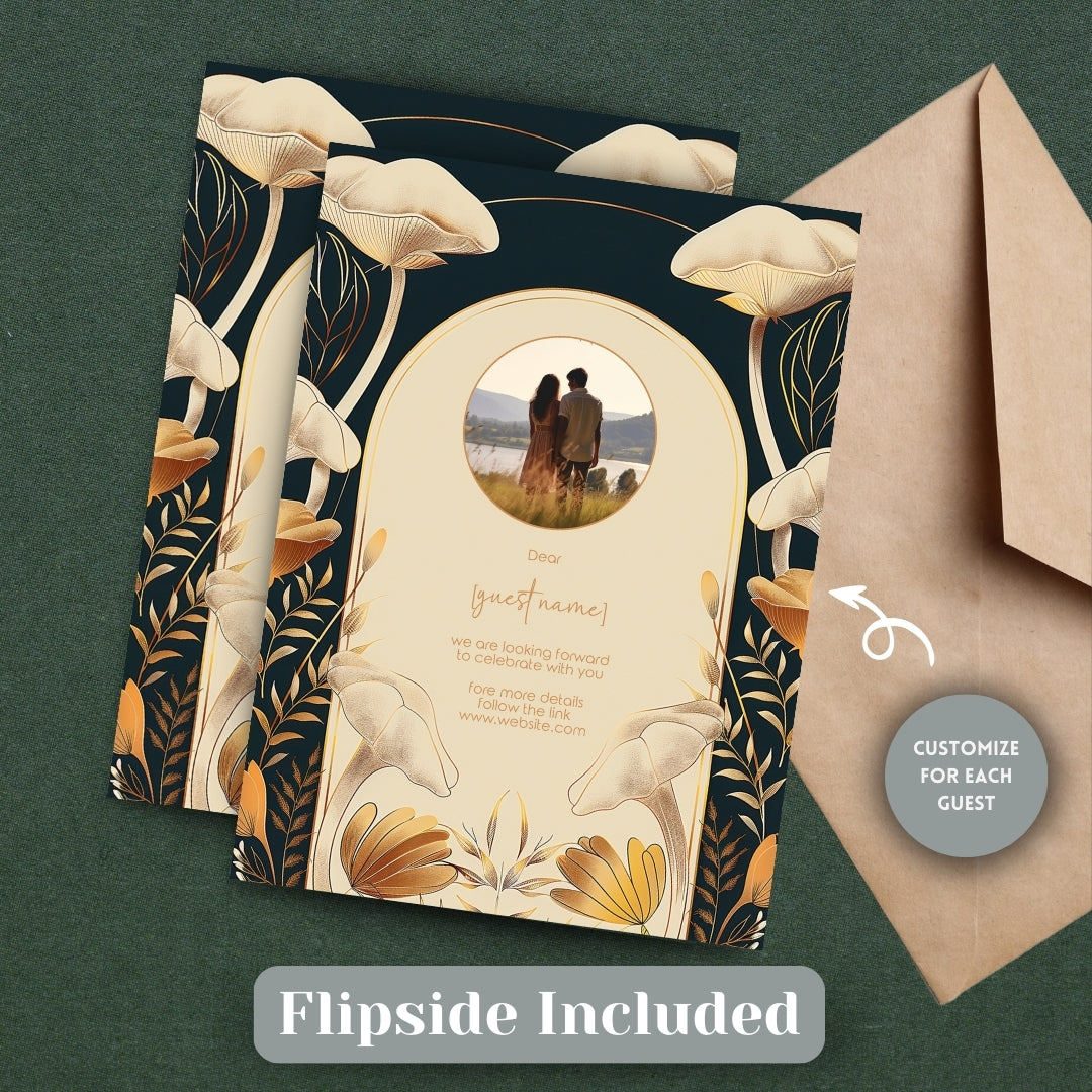 Vintage Mushroom Floral Art Deco Wedding Invitation