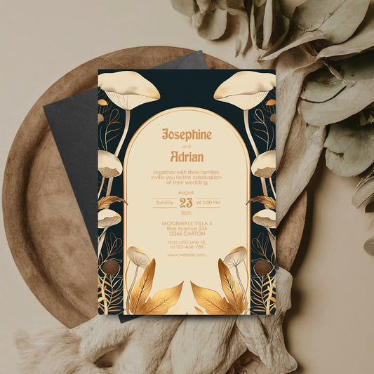 Elegant Metallic Mushroom Art Deco Wedding Invitation