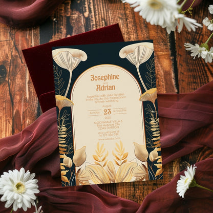 Elegant Vintage Mushroom Art Deco Wedding Invitation