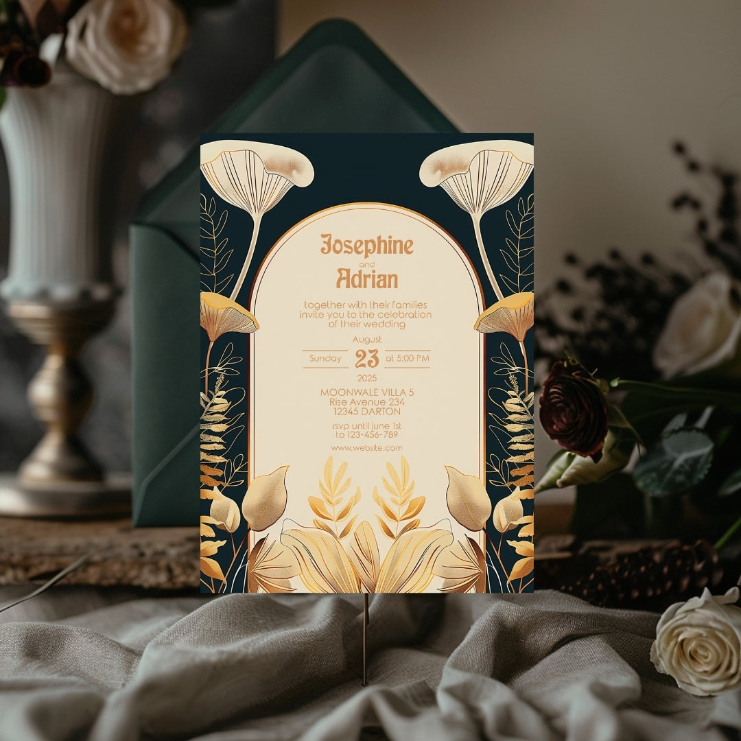 Elegant Vintage Mushroom Art Deco Wedding Invitation