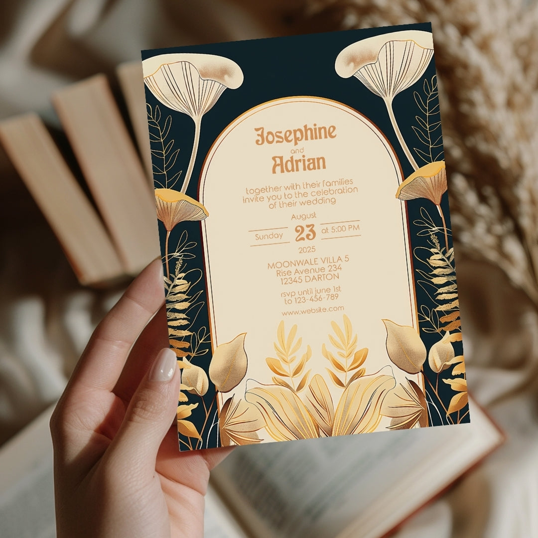 Elegant Vintage Mushroom Art Deco Wedding Invitation