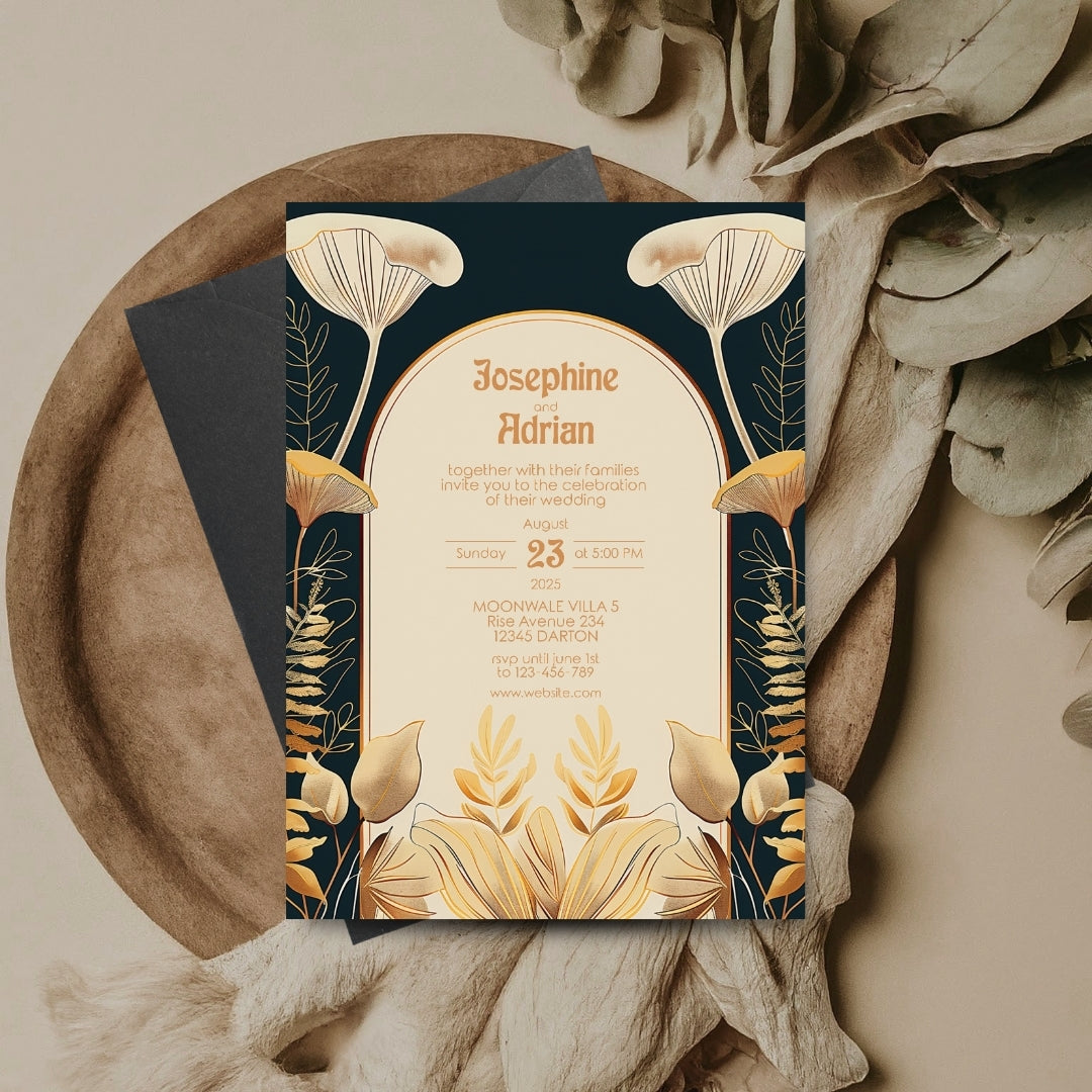 Elegant Vintage Mushroom Art Deco Wedding Invitation