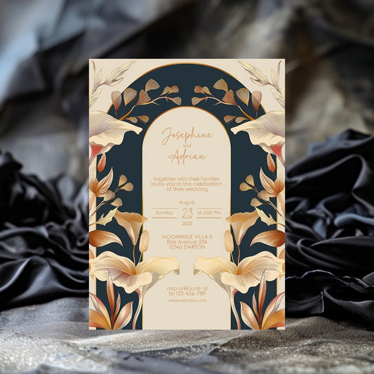 Vintage Rust Orange Florals Art Deco Wedding Invitation